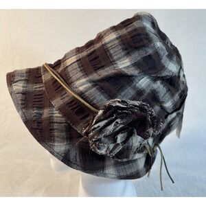 Tickled Pink Women's Brown Plaid Floppy Newsboy Hat w/ Fabric Flower NWT
